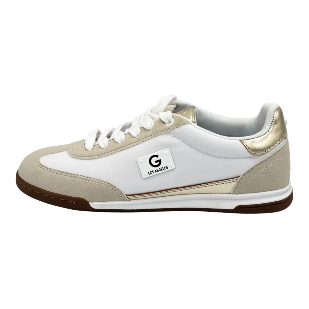 G Los Angeles White & Gold low-top sneakers styled for streetwear look – available at SneakerKali