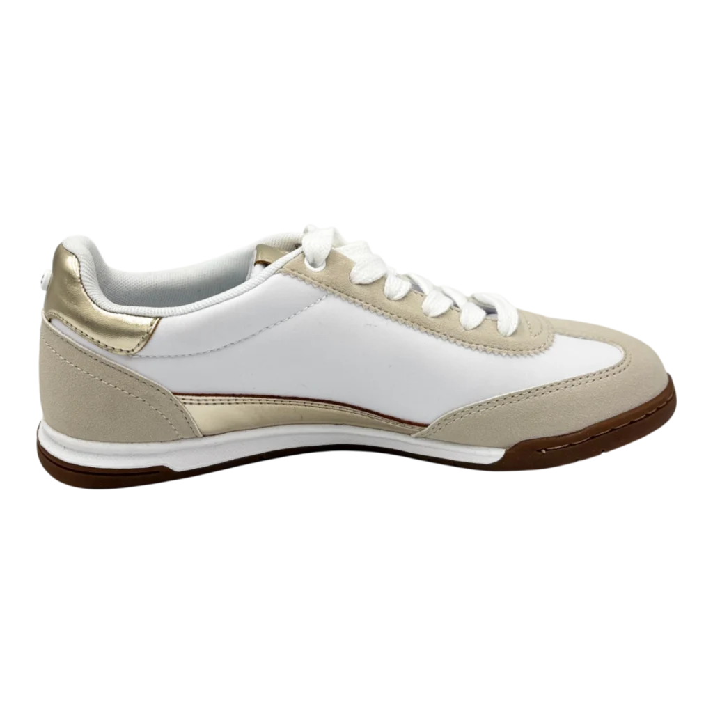 Top view of G Los Angeles White & Gold low-top sneakers
