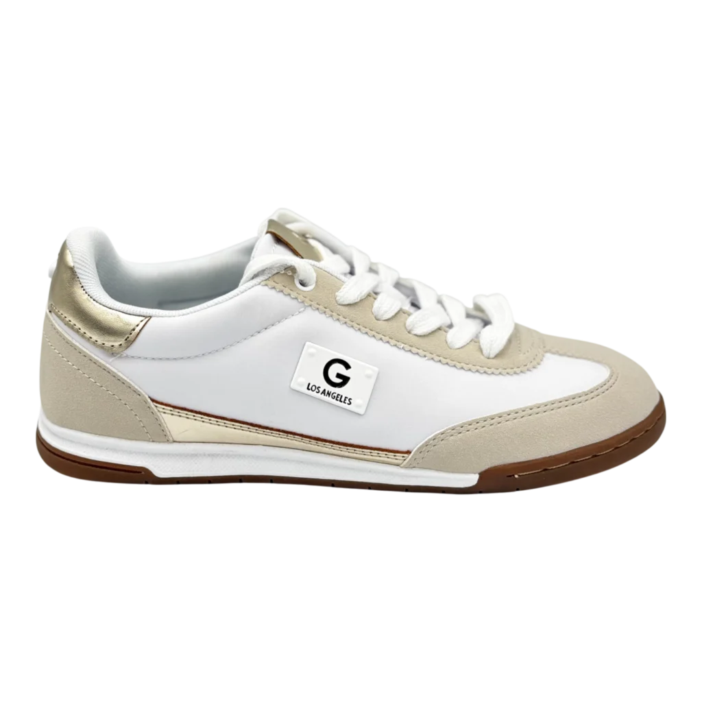 Side profile of G Los Angeles White & Gold low-top sneakers