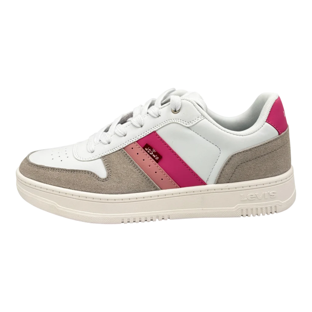 Side profile of Levi’s Women’s Drive Lo white, cement, and pink lace-up sneakers