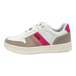 Side profile of Levi’s Women’s Drive Lo white, cement, and pink lace-up sneakers