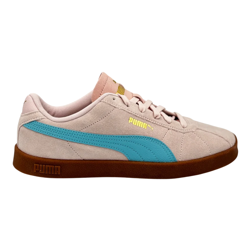 Top view of PUMA Palermo Trainer pink and blue suede sneakers