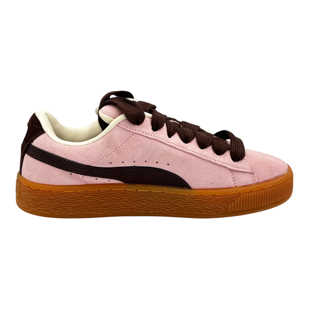 PUMA Suede Heart Satin pink and brown gum sneakers – main product view sold by SneakerKali