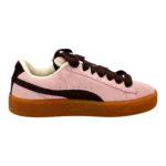 Side profile of PUMA Suede Heart Satin pink and brown gum sneakers