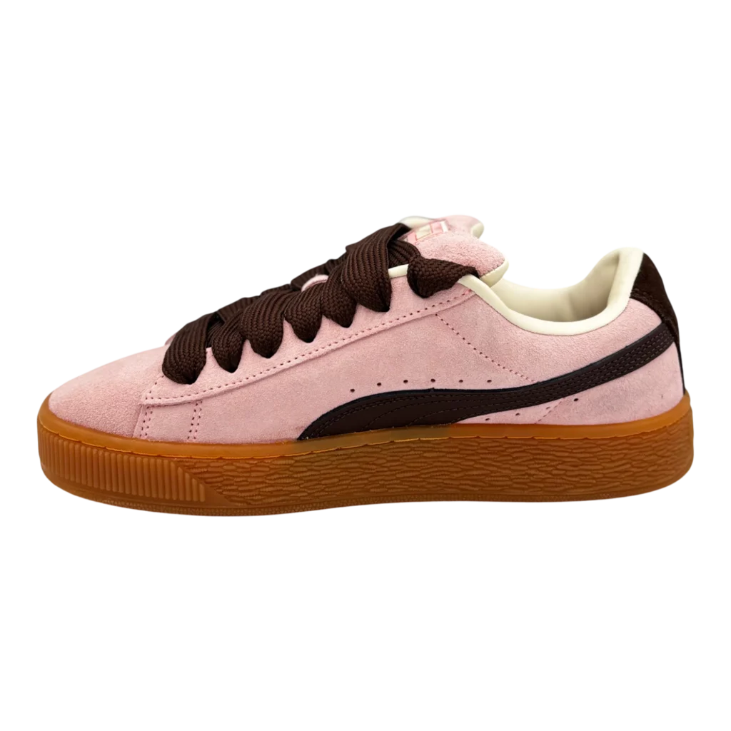PUMA Suede Heart Satin pink and brown gum sneakers styled with ribbon laces – SneakerKali