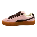 PUMA Suede Heart Satin pink and brown gum sneakers styled with ribbon laces – SneakerKali
