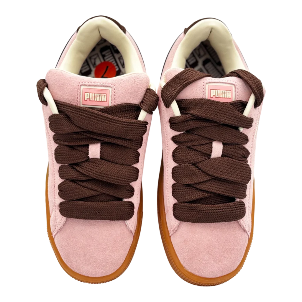 Top view of PUMA Suede Heart Satin pink and brown gum sneakers