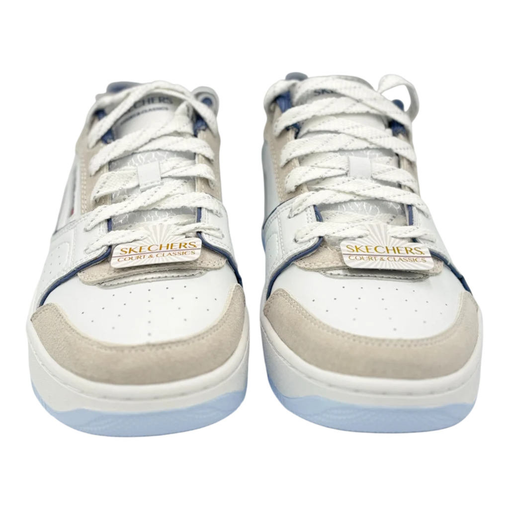 Skechers Women’s Sport Court Metallic Brea sneakers worn with casual outfit – available at SneakerKali